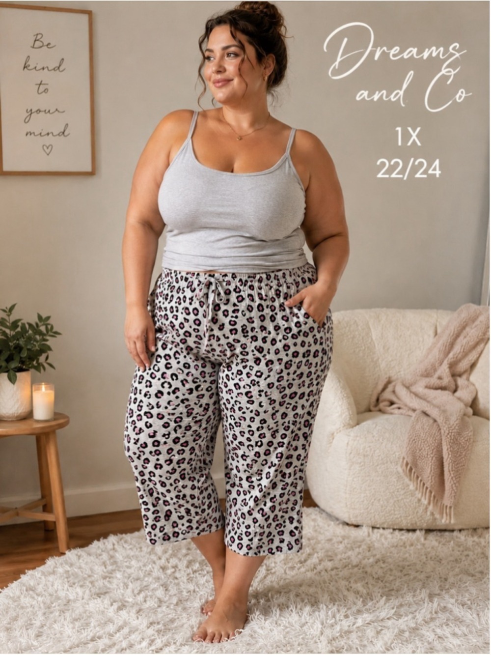 Dreams & Co 1X 22/24 Leopard Print Lounge Capri Pajama Pant Gray Pink Plus Size